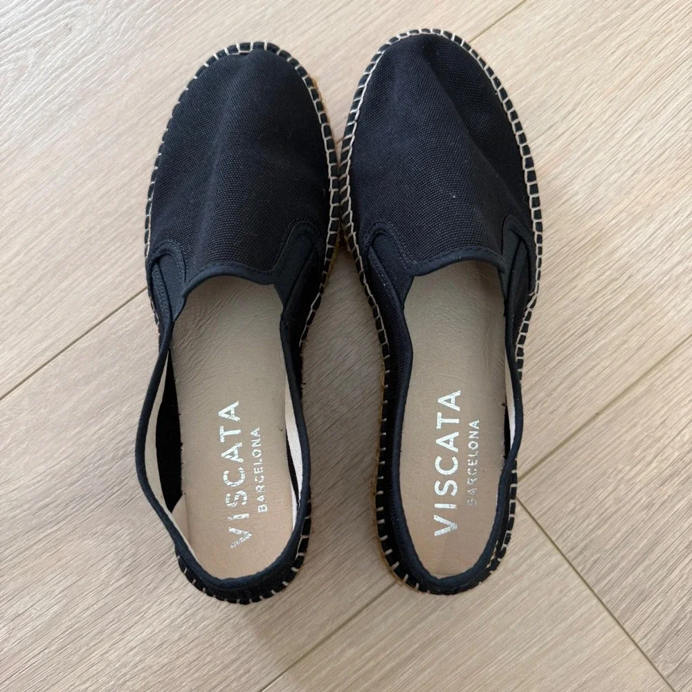 Viscata Barcelona Black‎ Canvas Slip On Espadrille Platform Flats Spain Size 40